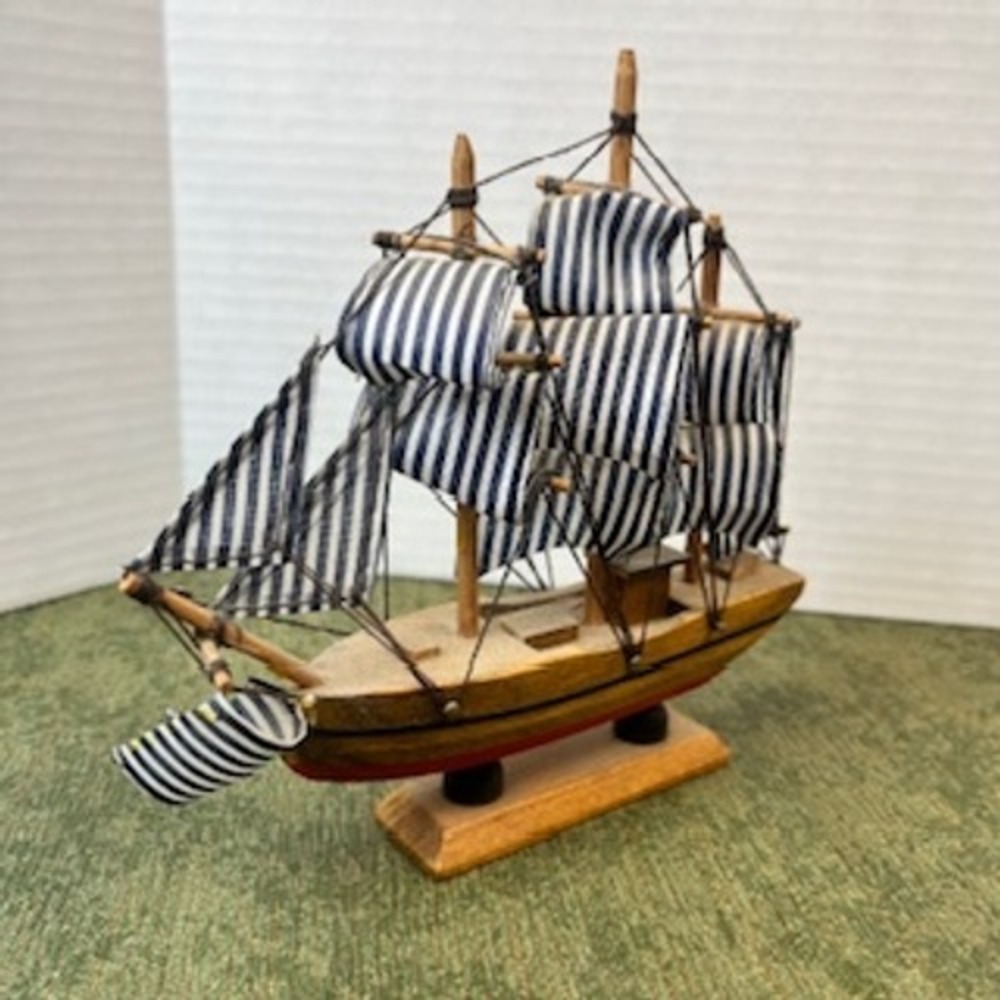 Vintage Wooden Model Sailboat Blue‎ White Striped Sails Nautical Decor